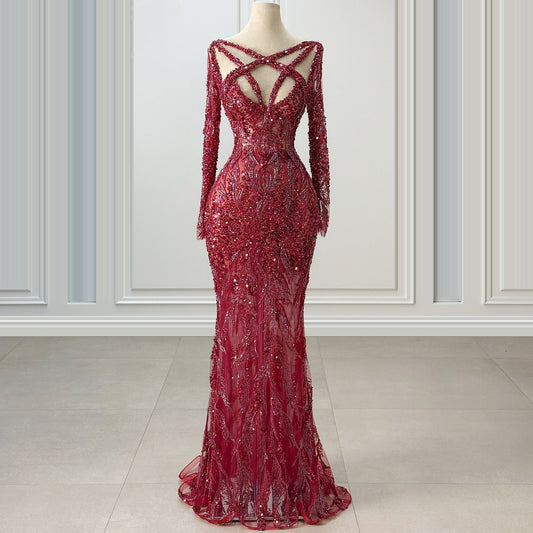Flattering Long Sleeve V Neck Evening Mermaid Dress Sequins Beading Cutout Prom Dress AP6434
