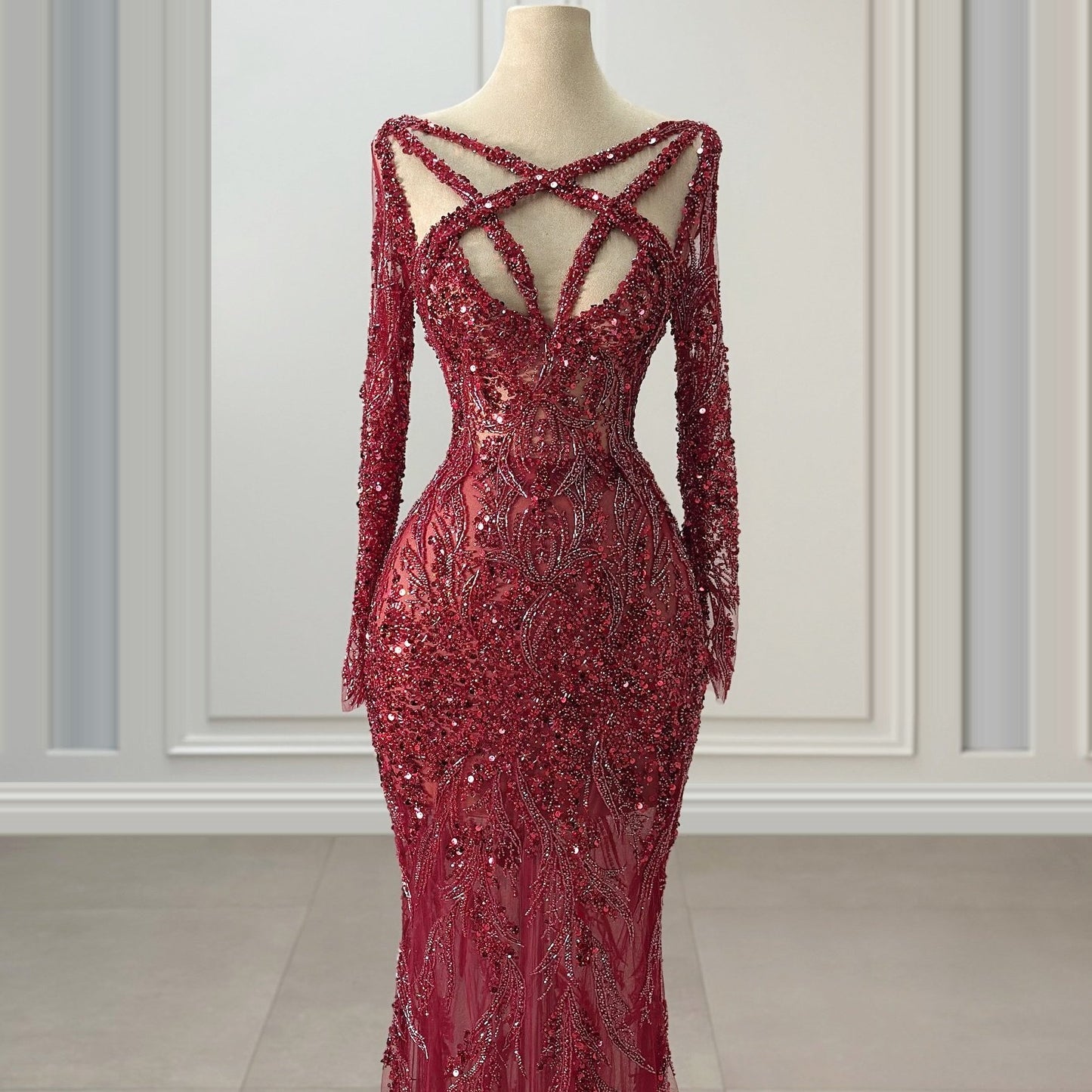 Flattering Long Sleeve V Neck Evening Mermaid Dress Sequins Beading Cutout Prom Dress AP6434