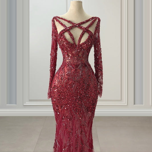 Flattering Long Sleeve V Neck Evening Mermaid Dress Sequins Beading Cutout Prom Dress AP6434