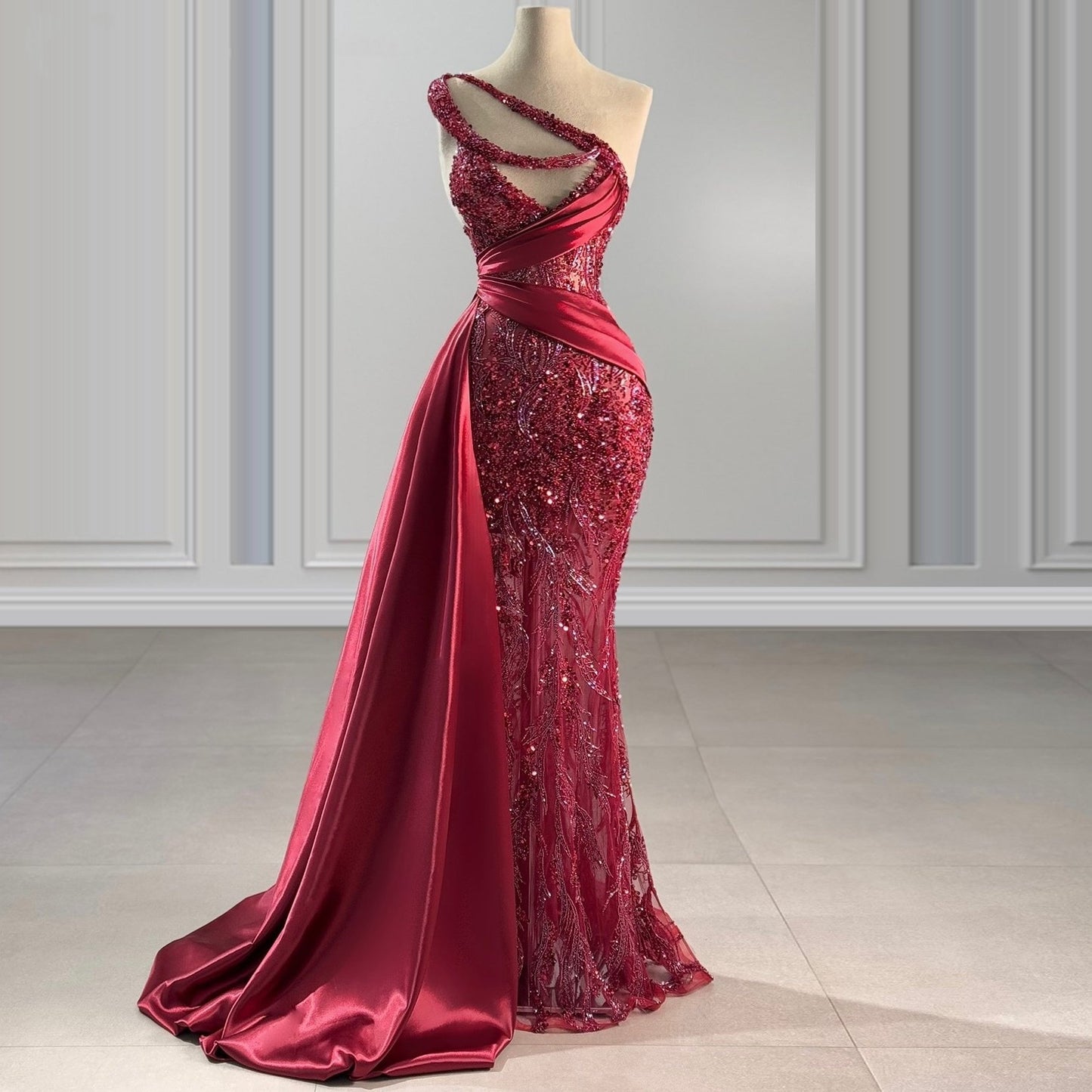 Trendy One Shoulder Cutout Mermaid Evening Dresses Sequins Beading Red Prom Dress AP6435