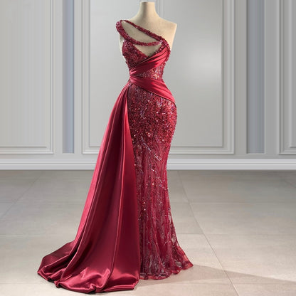 Trendy One Shoulder Cutout Mermaid Evening Dresses Sequins Beading Red Prom Dress AP6435
