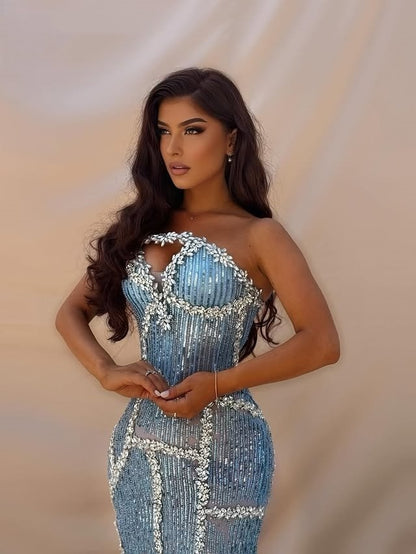 Attractive Strapless Cutout Sheath Evening Dresses Sequins Crystals Prom Dress AP6436