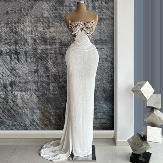 Sexy Strapless Sheath Evening Dresses Beading White Prom Dress AP6437