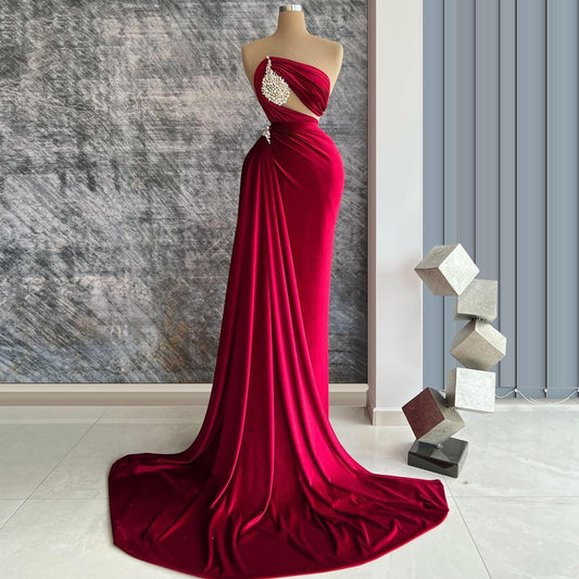 Glittering Strapless Sheath Evening Dresses Crystals Red Prom Dress AP6439