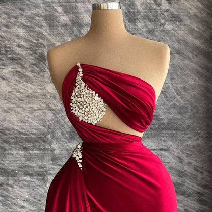 Glittering Strapless Sheath Evening Dresses Crystals Red Prom Dress AP6439