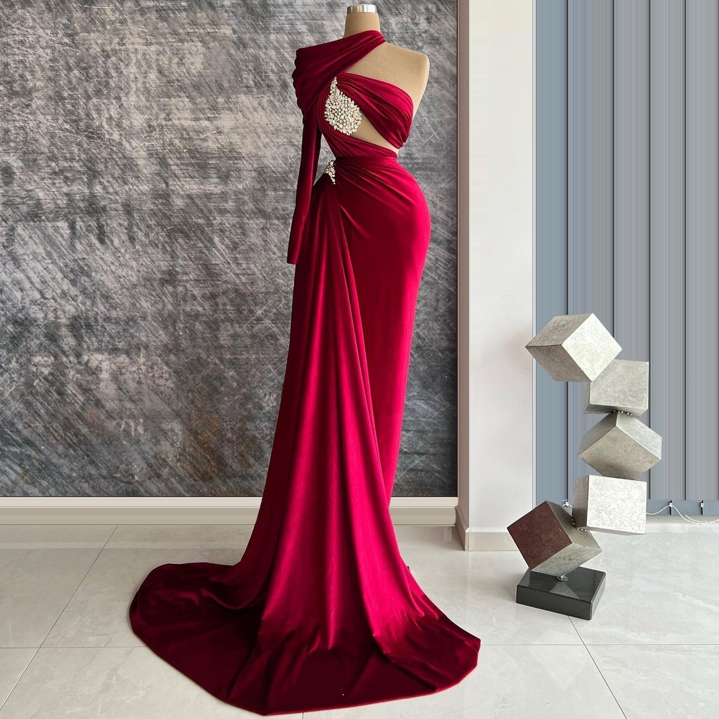Modern One Shoulder Red Long Sleeve Evening Dress Sheath Crystals Prom Dress AP6440