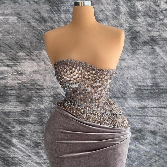 Pretty Sheath Evening Dresses Strapless Crystals Prom Dress AP6441