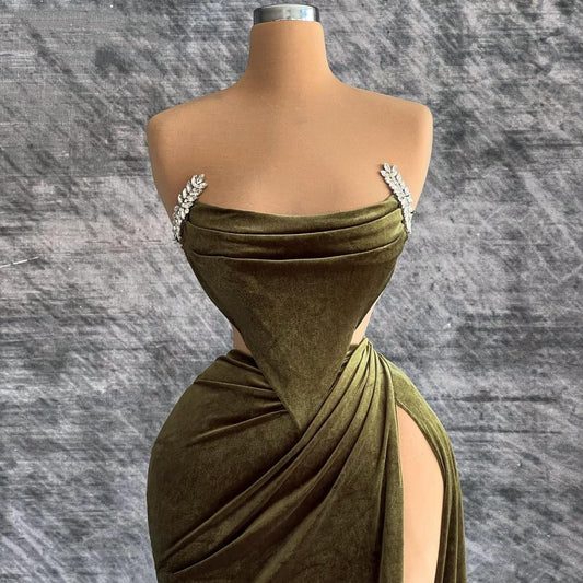 Fancy Sheath High-Slit Evening Dresses Strapless Beading Prom Dress AP6442