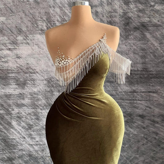 Hottie Sheath Off-Shoulder Evening Dresses Beading Tassel Prom Dress AP6444