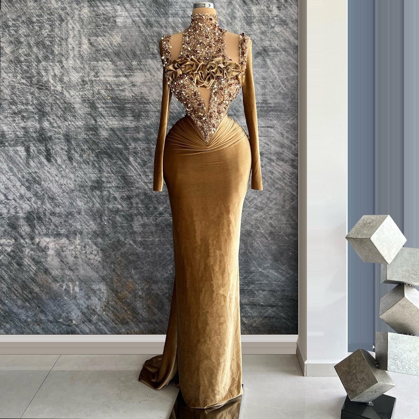 Casual High Collar Long Sleeve Evening Dress Sheath Crystals Sequins Slit Prom Dress AP6445