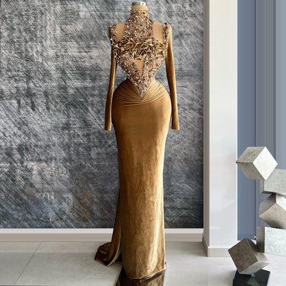 Casual High Collar Long Sleeve Evening Dress Sheath Crystals Sequins Slit Prom Dress AP6445