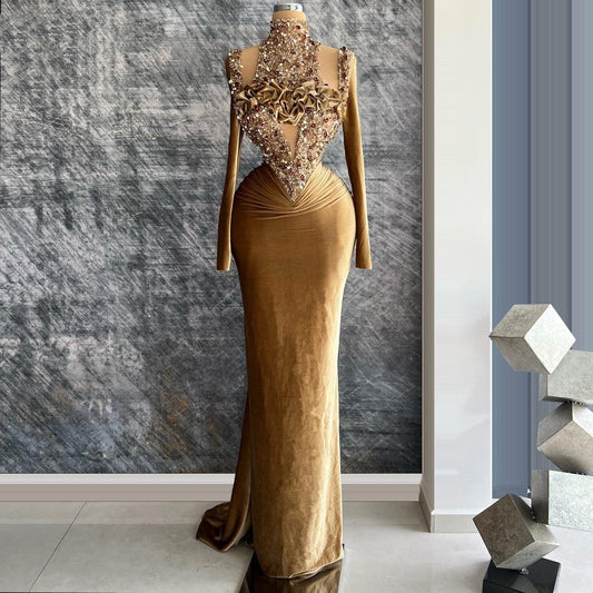 Casual High Collar Long Sleeve Evening Dress Sheath Crystals Sequins Slit Prom Dress AP6445