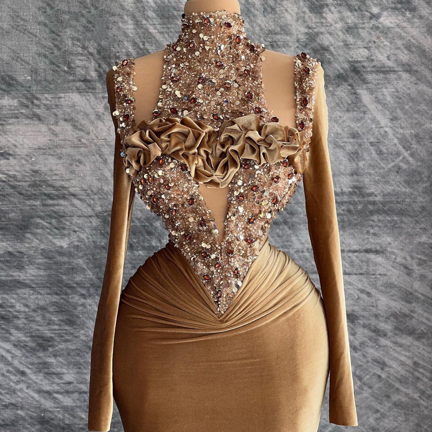 Casual High Collar Long Sleeve Evening Dress Sheath Crystals Sequins Slit Prom Dress AP6445