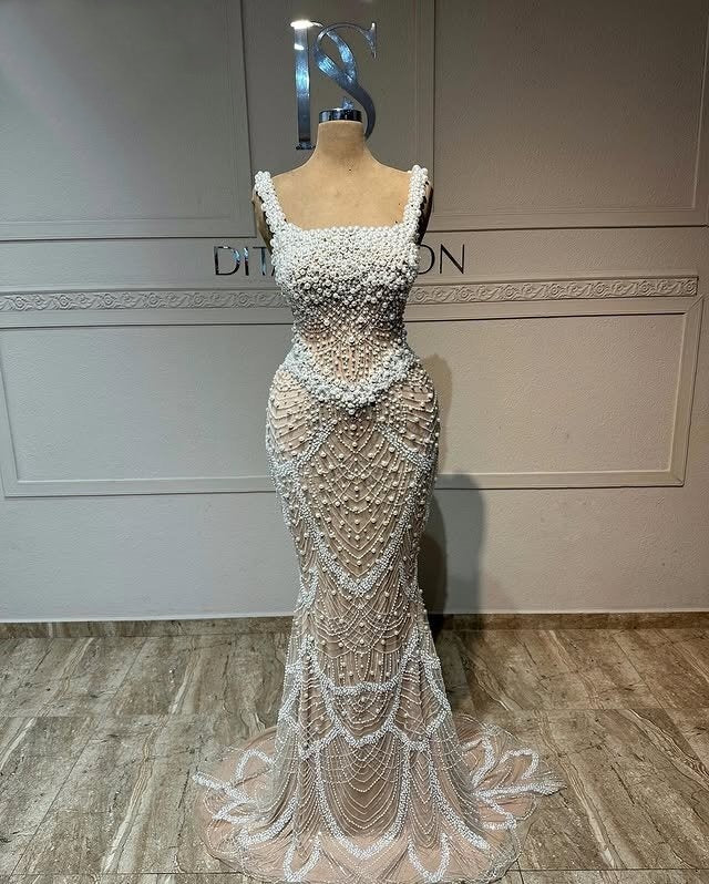Flattering Spaghetti Straps Evening Dresses Beading Mermaid Prom Dress AP6449