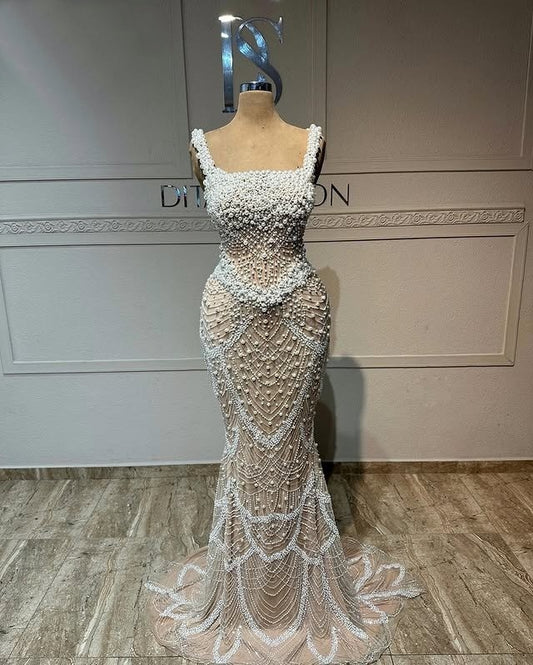 Flattering Spaghetti Straps Evening Dresses Beading Mermaid Prom Dress AP6449