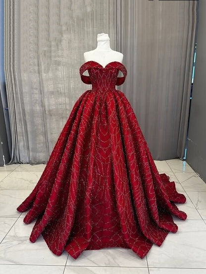 Trendy Off-Shoulder A-Line Sweet 16th Dresses Red Sequins Prom Dress AP6450