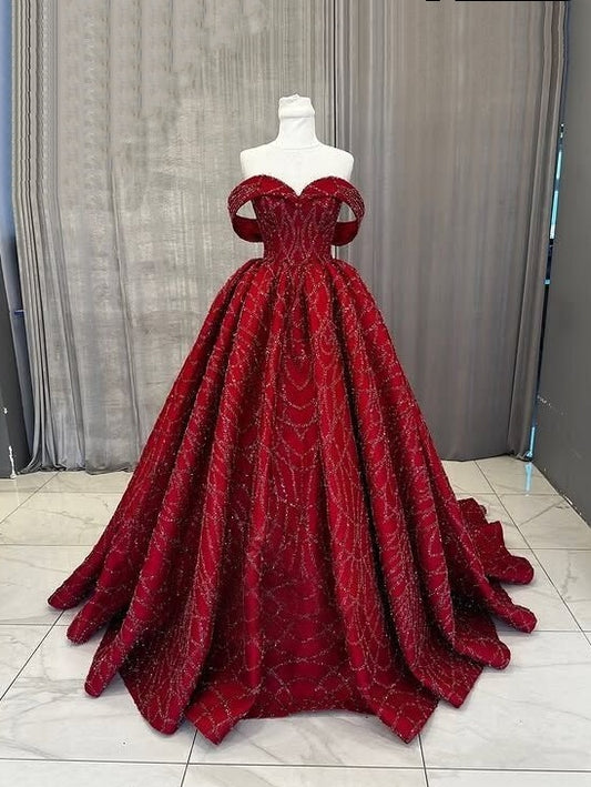 Trendy Off-Shoulder A-Line Sweet 16th Dresses Red Sequins Prom Dress AP6450