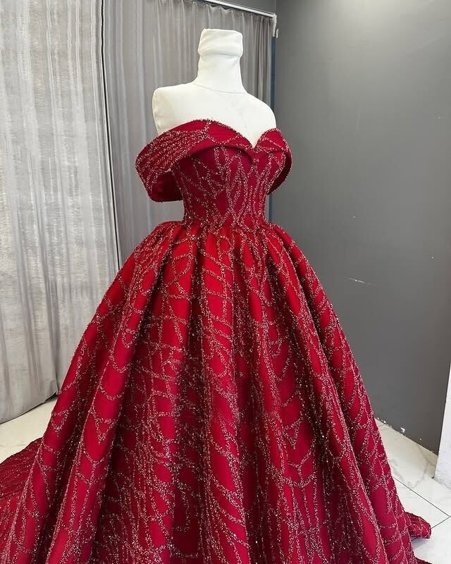 Trendy Off-Shoulder A-Line Sweet 16th Dresses Red Sequins Prom Dress AP6450