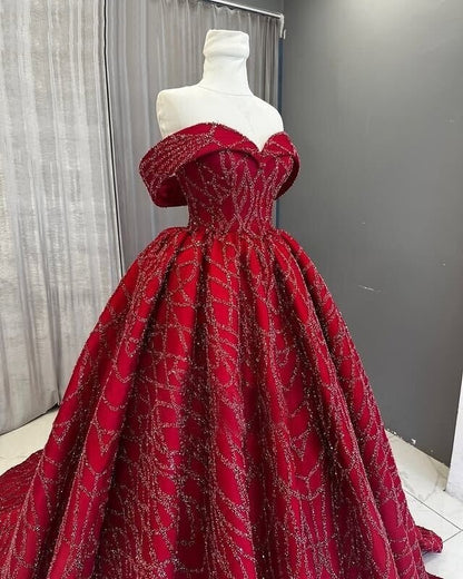 Trendy Off-Shoulder A-Line Sweet 16th Dresses Red Sequins Prom Dress AP6450