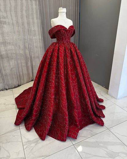 Trendy Off-Shoulder A-Line Sweet 16th Dresses Red Sequins Prom Dress AP6450