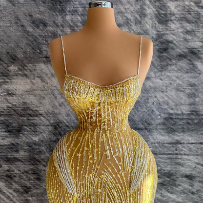 Attractive Spaghetti Straps Sheath Evening Dresses Sequins Beads Prom Dress AP6451