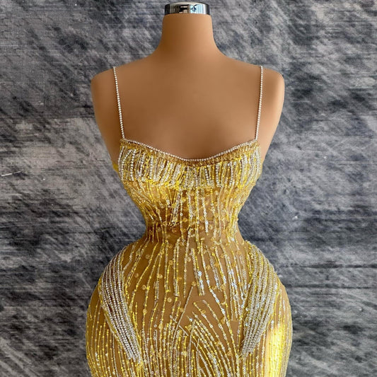 Attractive Spaghetti Straps Sheath Evening Dresses Sequins Beads Prom Dress AP6451