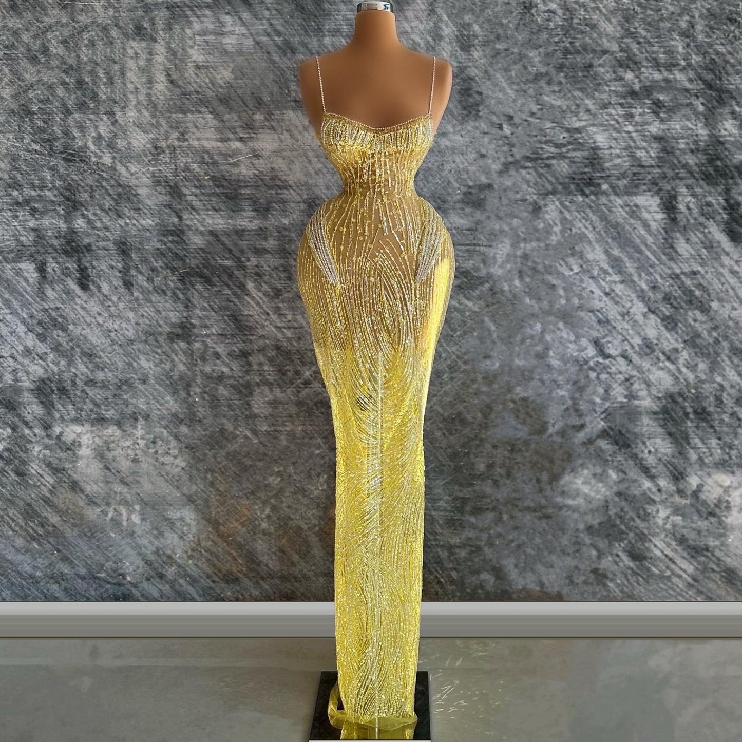 Attractive Spaghetti Straps Sheath Evening Dresses Sequins Beads Prom Dress AP6451