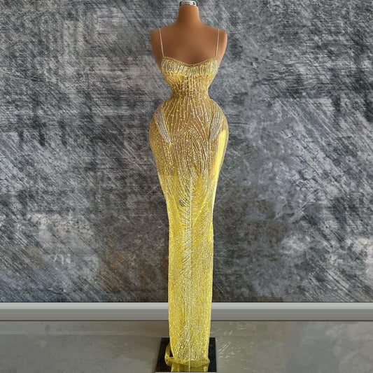 Attractive Spaghetti Straps Sheath Evening Dresses Sequins Beads Prom Dress AP6451