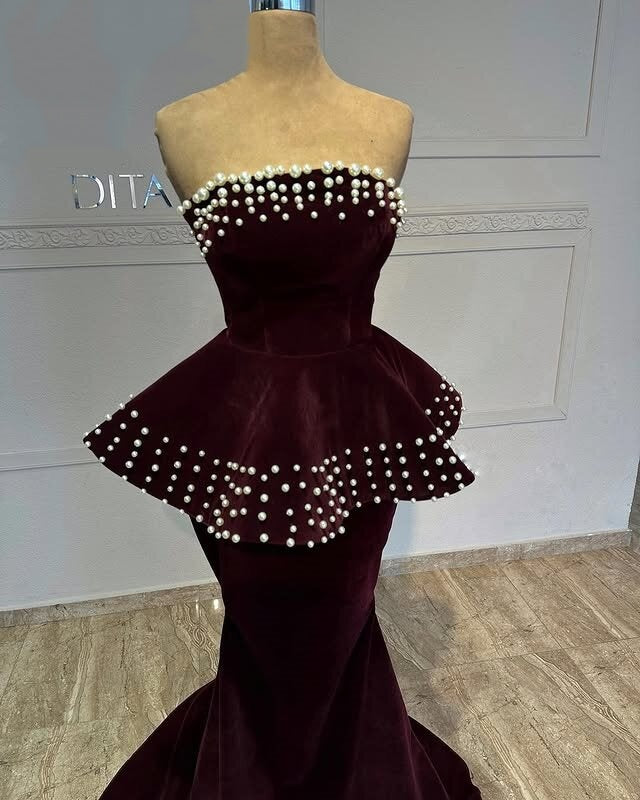 Modern Strapless Sweet 16th Mermaid Dresses Beads Velvet Prom Dress AP6454