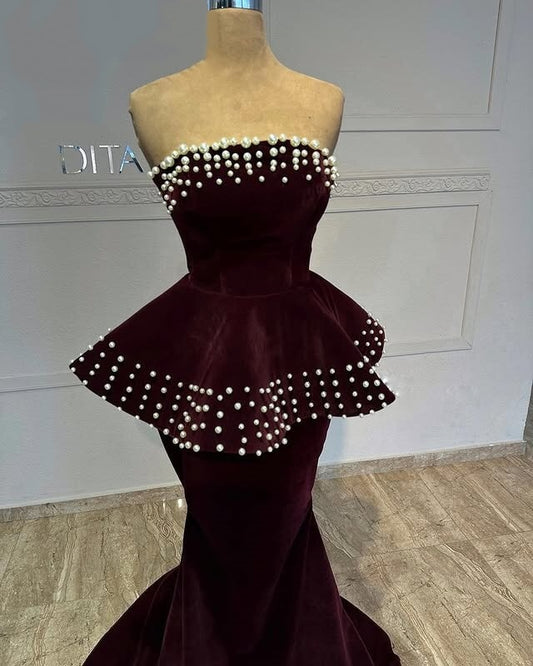 Modern Strapless Sweet 16th Mermaid Dresses Beads Velvet Prom Dress AP6454