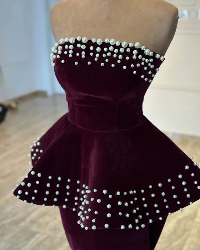 Modern Strapless Sweet 16th Mermaid Dresses Beads Velvet Prom Dress AP6454