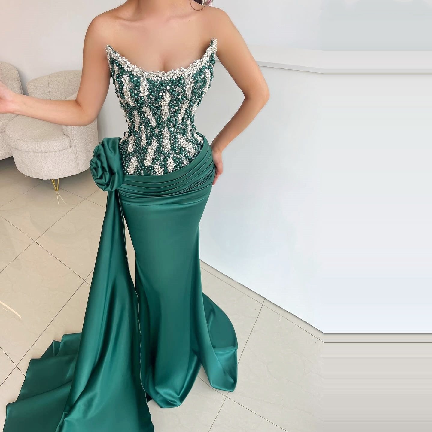 Pretty Strapless Sweet 16th Mermaid Dresses Beads Crystals Sequins Prom Dress AP6456