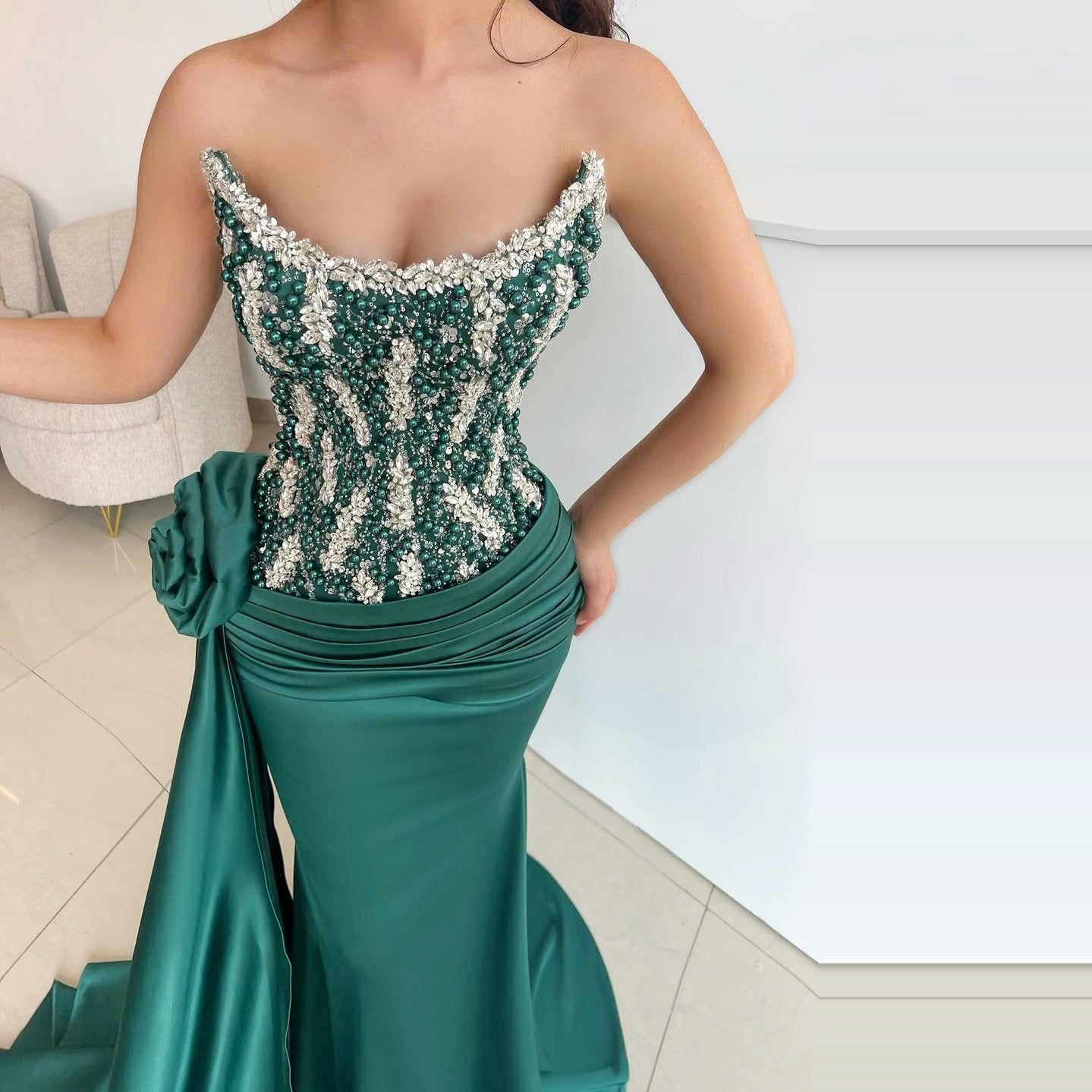 Pretty Strapless Sweet 16th Mermaid Dresses Beads Crystals Sequins Prom Dress AP6456