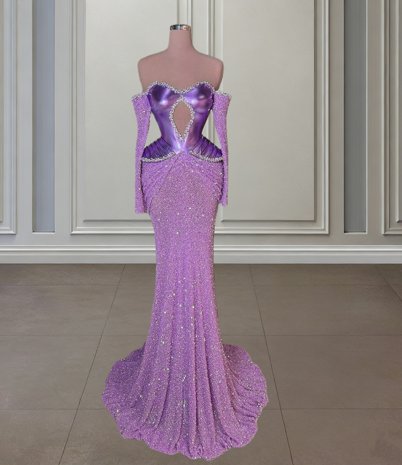 Fancy Long Sleeve Off-Shoulder Evening Mermaid Dress Crystals Sequins Prom Dress AP6457