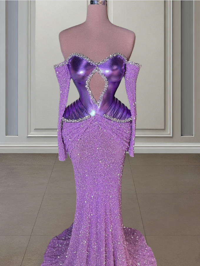 Fancy Long Sleeve Off-Shoulder Evening Mermaid Dress Crystals Sequins Prom Dress AP6457