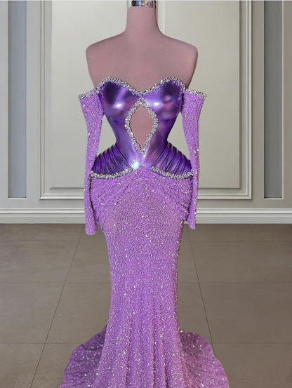 Fancy Long Sleeve Off-Shoulder Evening Mermaid Dress Crystals Sequins Prom Dress AP6457