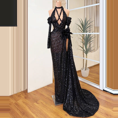 Delicate Sheath Halter Neck Black High Slit Evening Gowns Long Sleeve Handmade Flowers Sequins Prom Dress AP6458