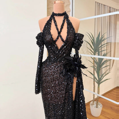 Delicate Sheath Halter Neck Black High Slit Evening Gowns Long Sleeve Handmade Flowers Sequins Prom Dress AP6458
