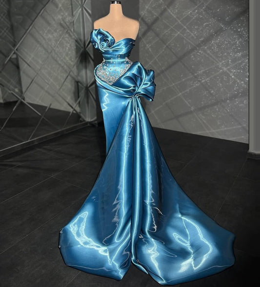 Hot Girls Sheath Strapless Satin Evening Dresses Beading Gathered Prom Dress AP6459