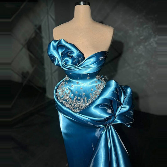 Hot Girls Sheath Strapless Satin Evening Dresses Beading Gathered Prom Dress AP6459