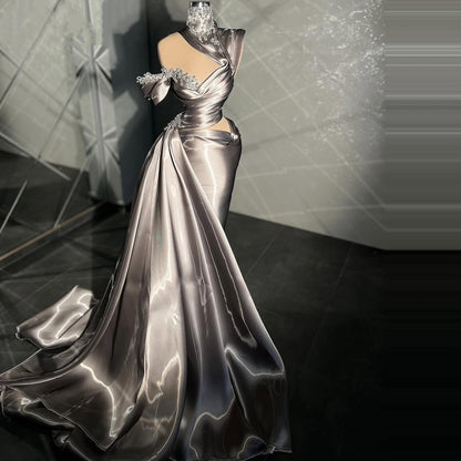 Gen Z Style Sheath Satin High Collar Evening Dresses Appliques Crystals Prom Dress AP6460