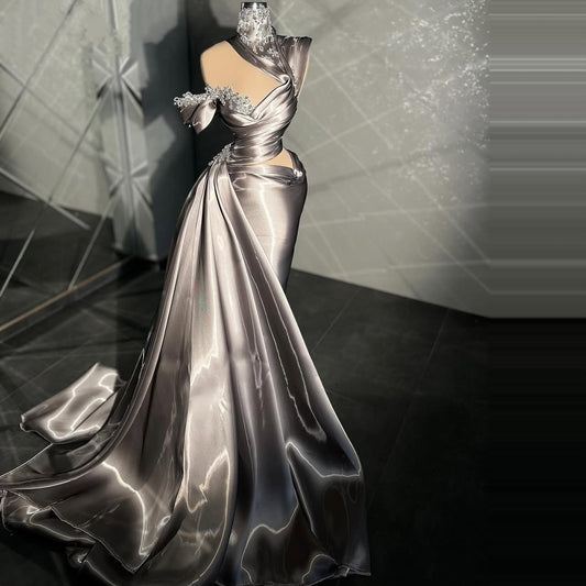 Gen Z Style Sheath Satin High Collar Evening Dresses Appliques Crystals Prom Dress AP6460