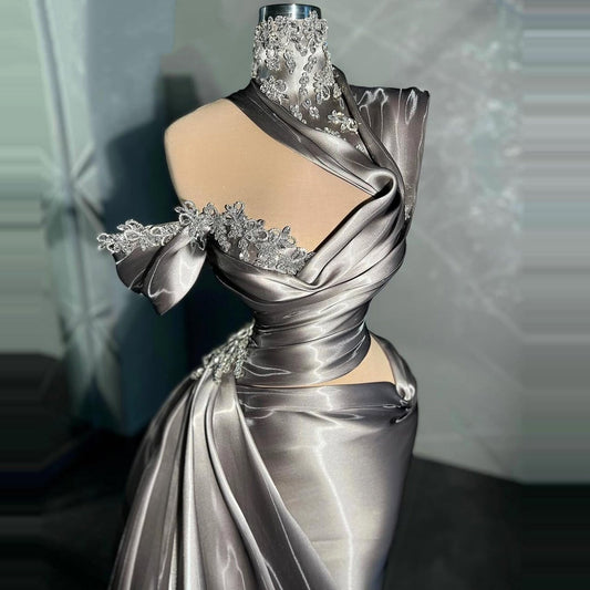 Gen Z Style Sheath Satin High Collar Evening Dresses Appliques Crystals Prom Dress AP6460