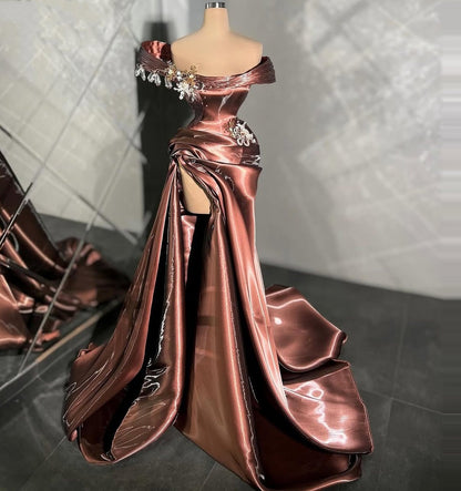 Refined Sheath Off-Shoulder Evening Dresses Ruched Crystals Prom Dress AP6461