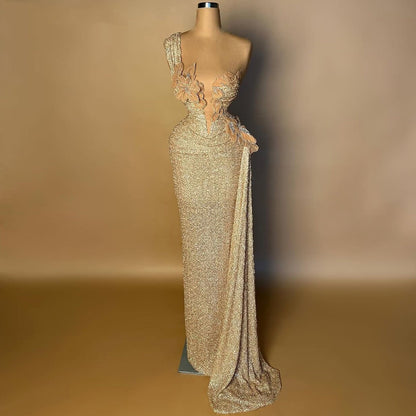 Casual Sheath One Shoulder Appliques Evening Dresses Sequins Beading Prom Dress AP6462
