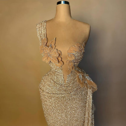 Casual Sheath One Shoulder Appliques Evening Dresses Sequins Beading Prom Dress AP6462
