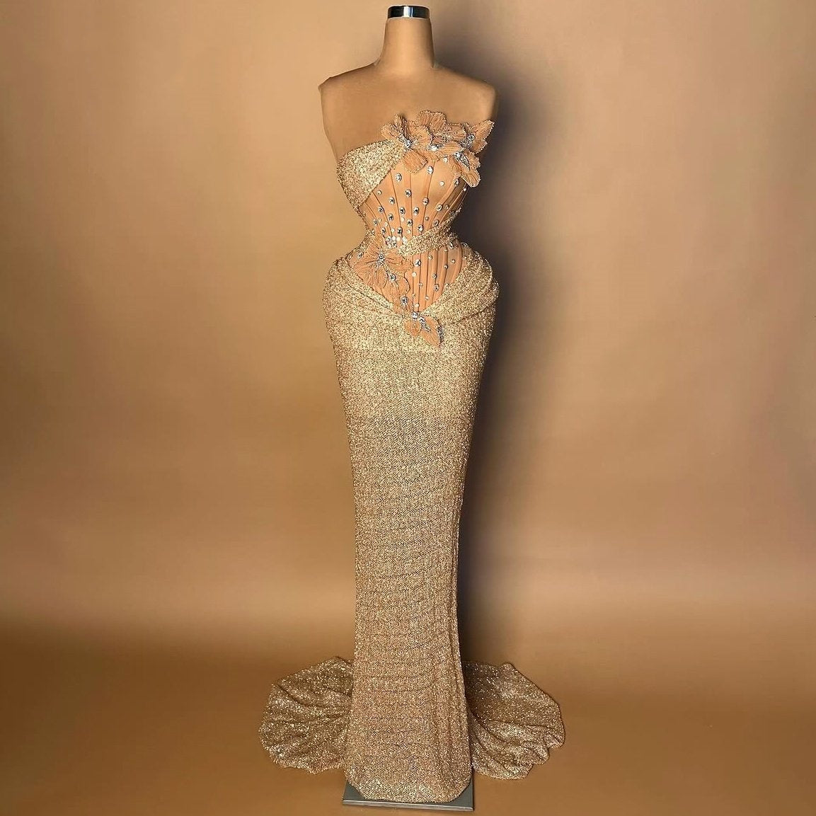 Retro Sheath Strapless Sequins Evening Dresses Appliques Crystals Prom Dress AP6463