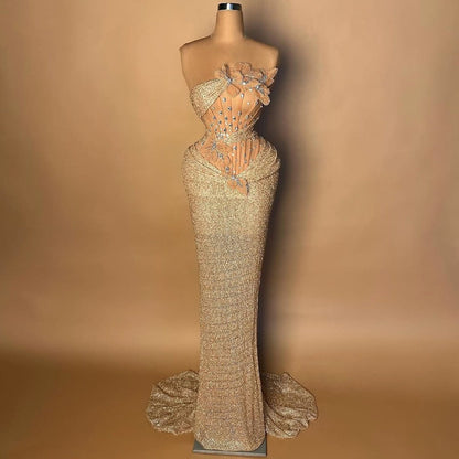 Retro Sheath Strapless Sequins Evening Dresses Appliques Crystals Prom Dress AP6463