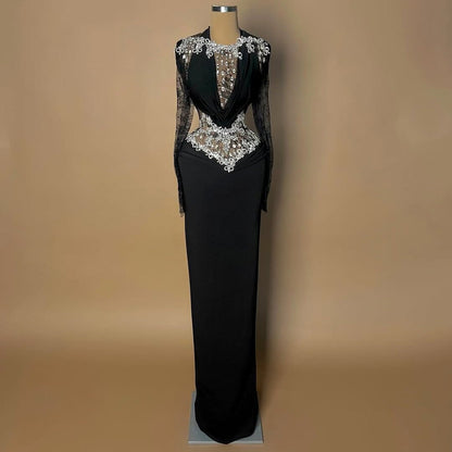 Gothic-Style Long Sleeve Square Neck Evening Dress Sheath Crystals Lace Black Prom Dress AP6464