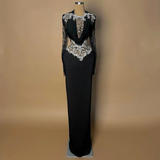 Gothic-Style Long Sleeve Square Neck Evening Dress Sheath Crystals Lace Black Prom Dress AP6464
